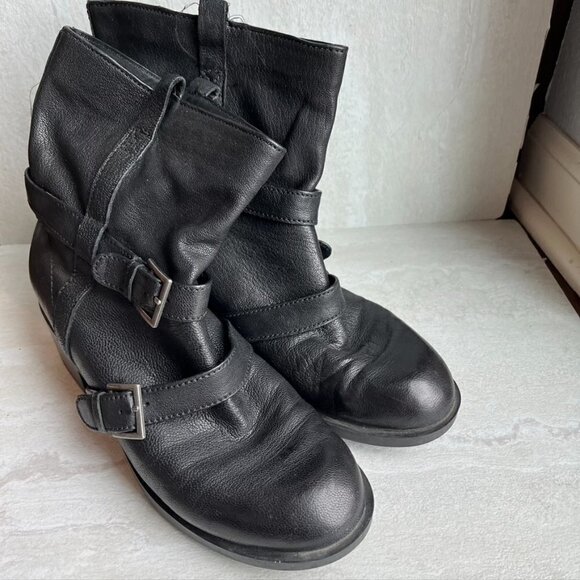Cole HAAN Nike Air Black Moto Boots SZ 9B Zipper Buckles Leather - Picture 1 of 10